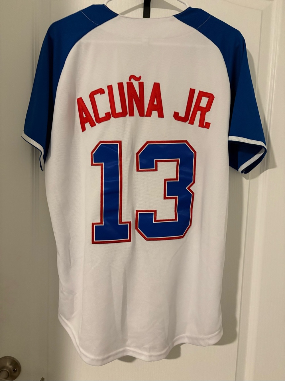 Acuña Jr. #13 City Connect White Baseball Jersey with Blue & Red Accents
